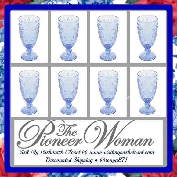 🦋 New Pioneer Woman Amelia 14.7-Ounce Footed Glass Goblets, Set of 8, Blue - Picture 4 of 11